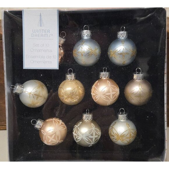 Set of 10 Winter Dreams Glass Christmas Tree Ornaments Blue & Gold - Picture 1 of 3